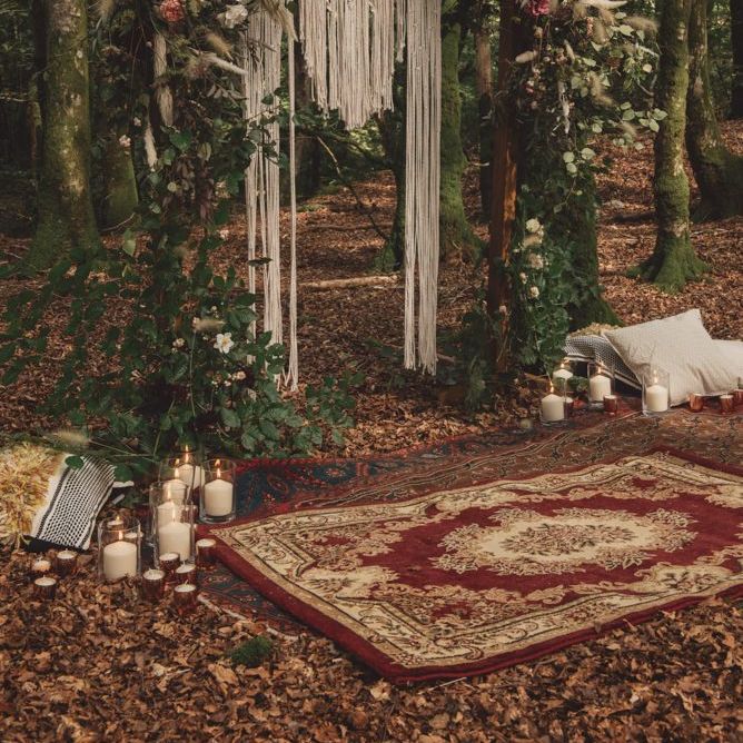 Woodland Altar with Macrame Backdrop, Autumnal Flowers and Moroccan Rug