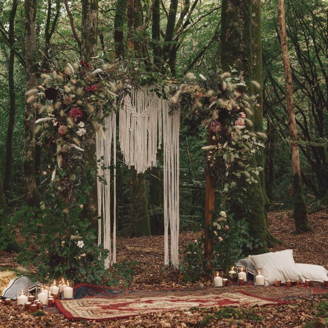 Wedding Ceremony Altar in the Woods with Macrame, Foliage and Dried Grass Decor