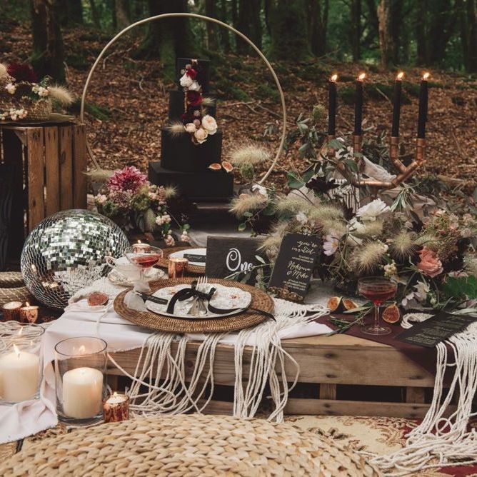 Woodland Wedding Breakfast Table with Wicker Pouffes