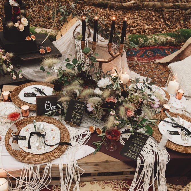 Wicker Charger Mats and Copper Candlestick Wedding Table Decor
