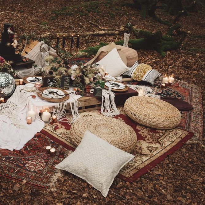 Grazing Table on Moroccan Rugs, Wooden Pallets  and Wicker Poufes