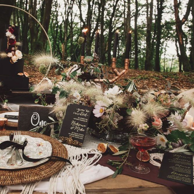 Wedding Breakfast Table Decor with Wicker, Dried Grass Flowers and Black Stationery