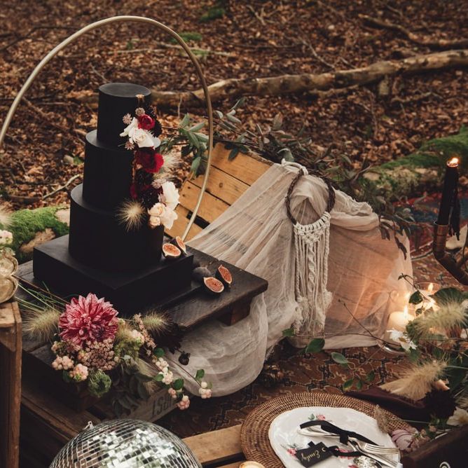 Black Square and Round Wedding Cake with Hoop Cake Stand