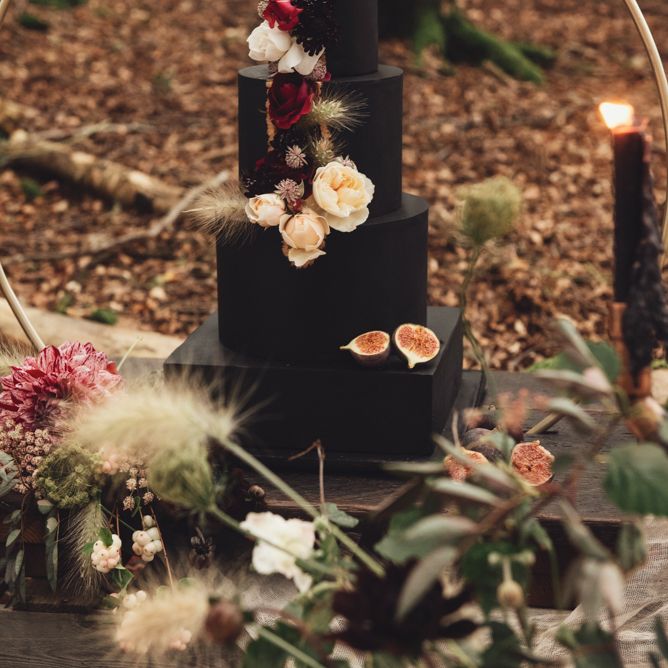 Black Four Tier Wedding Cake with  Square Layer and Flower Decor