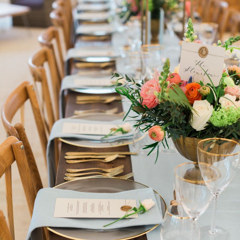 Wooden Reception Tablescapes with Glass Platters &amp; Goblets &amp; Gold Cutlery Place Settings