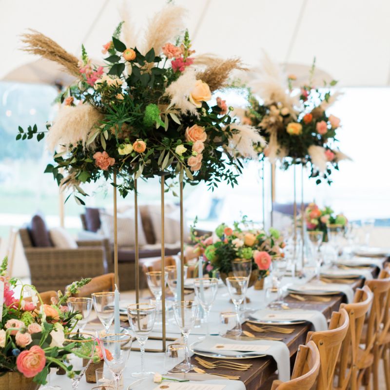 White, Green &amp; Coral Wedding Reception Floral Arrangement