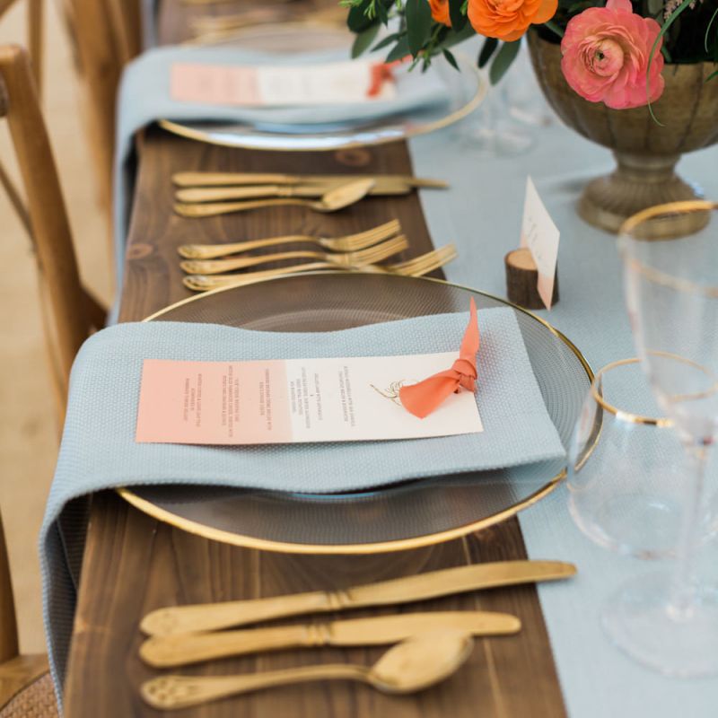 Individual Wedding Menu Cards with Coral Ribbon