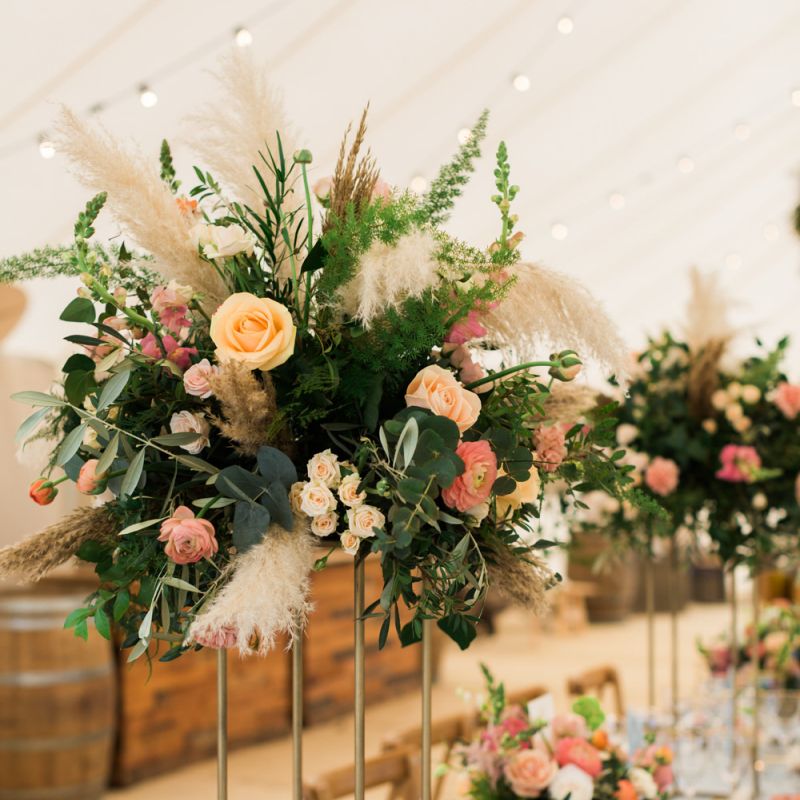 Coral, Foliage &amp; Pampas Grass Wedding Flowers