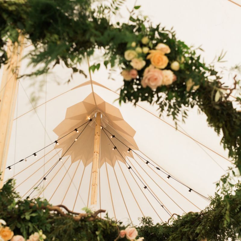 Festoon Lights &amp; Floral Hoop PapaKåta Sperry Tent Wedding Decor