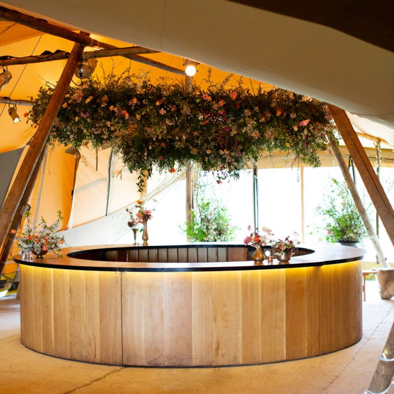 Wooden Bar with Floral Hoop Wedding Decor