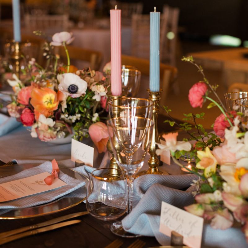 Gold Candles Stick with Blue &amp; Pink Taper Candles