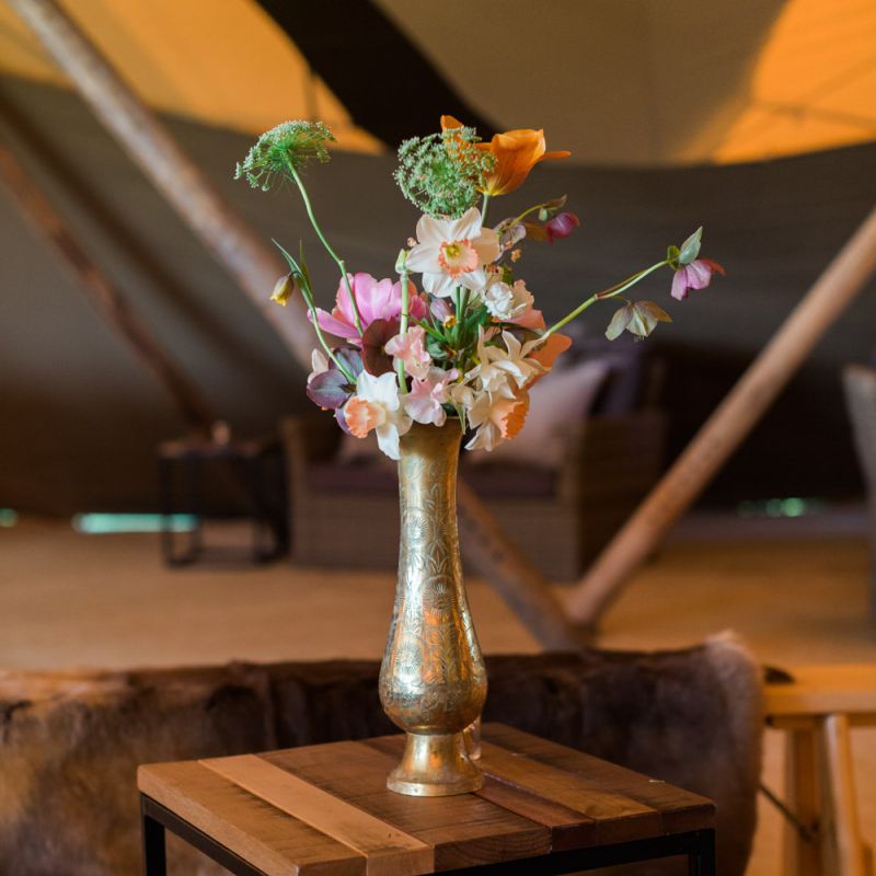 Gold Vessel Filled with Blush Flower Stems