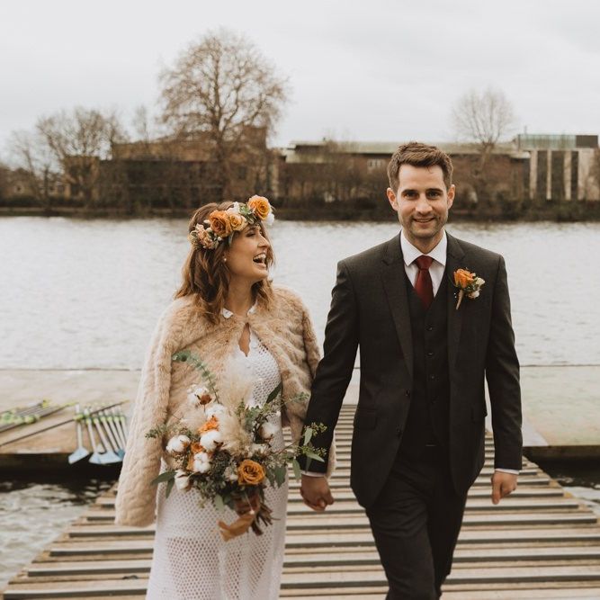 Hammersmith riverside wedding at Linden House in London with bride wearing vintage 70s dress and floral crown