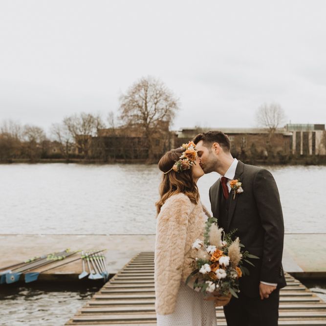 Hammersmith riverside winter wedding at Linden House in London with modern boho flowers and vintage dress