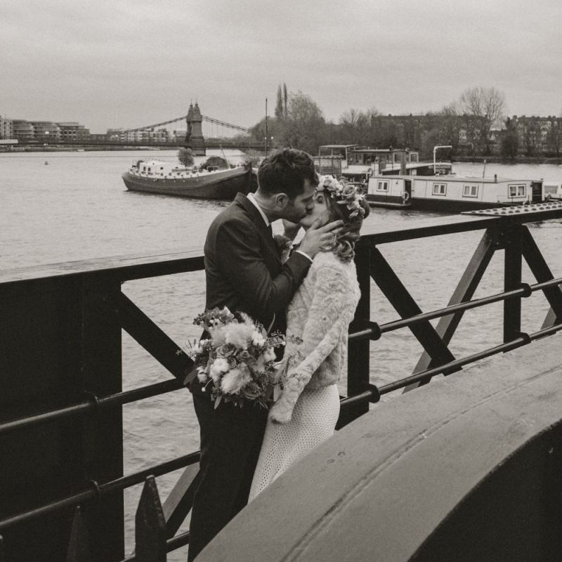 Riverside winter wedding at Linden House in London with modern boho floral styling