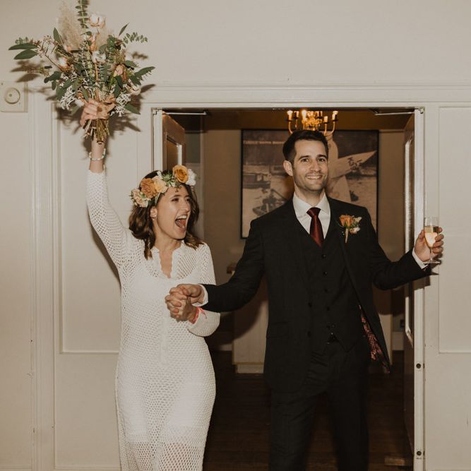 Bride and groom at Linden House for intimate wedding with modern boho styling