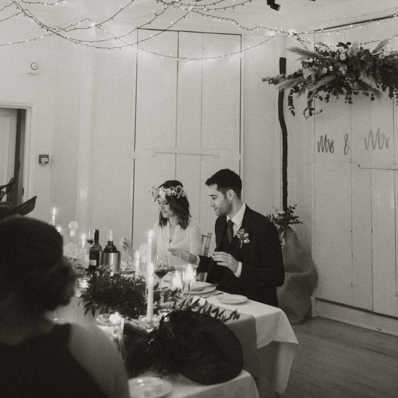 Bride and groom at Linden House for a relaxed boho wedding with festoon lighting