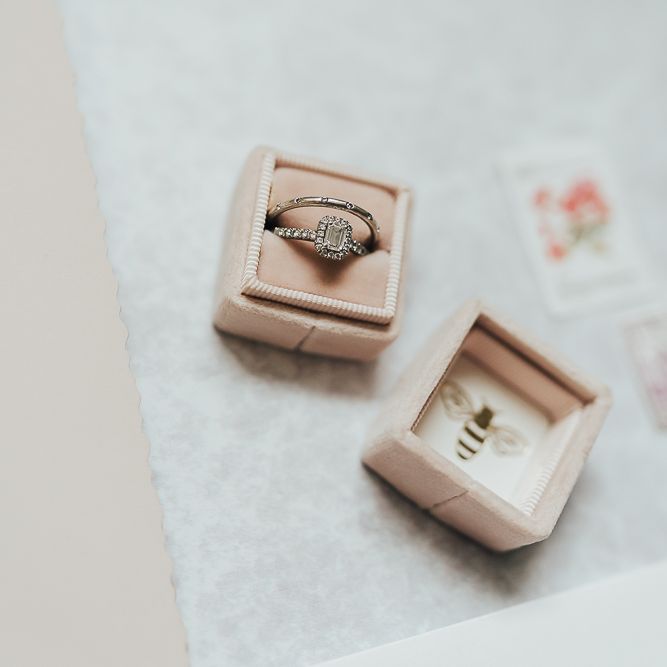 Wedding and engagement ring in pink velvet box