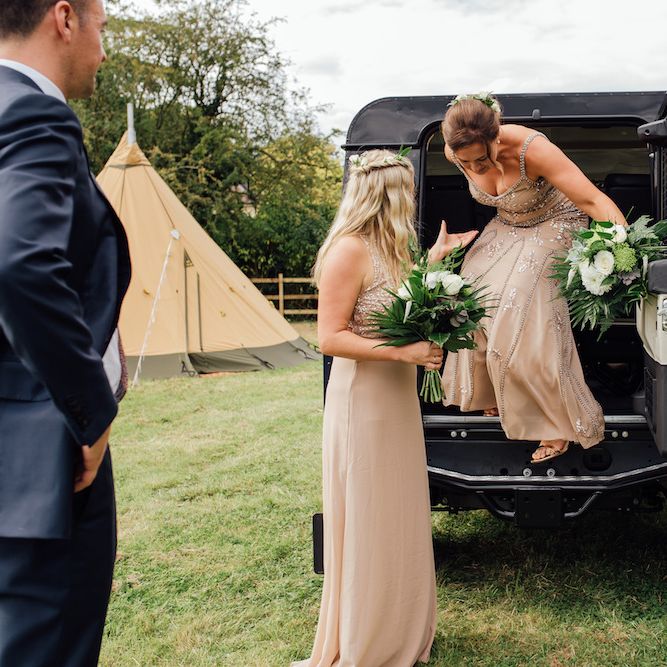 Bridesmaid Entrance in Sequin Dresses | Outdoor Wedding Ceremony &amp; Tipi Reception Planned by Benessamy Events | Red on Blonde Photography