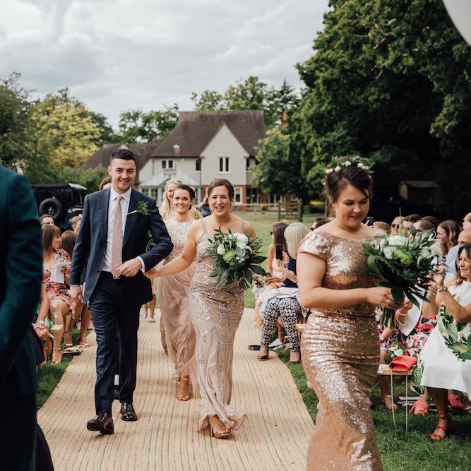 Wedding Ceremony | Bridesmaid Entrance in Sequin Dresses | Outdoor Wedding Ceremony &amp; Tipi Reception Planned by Benessamy Events | Red on Blonde Photography