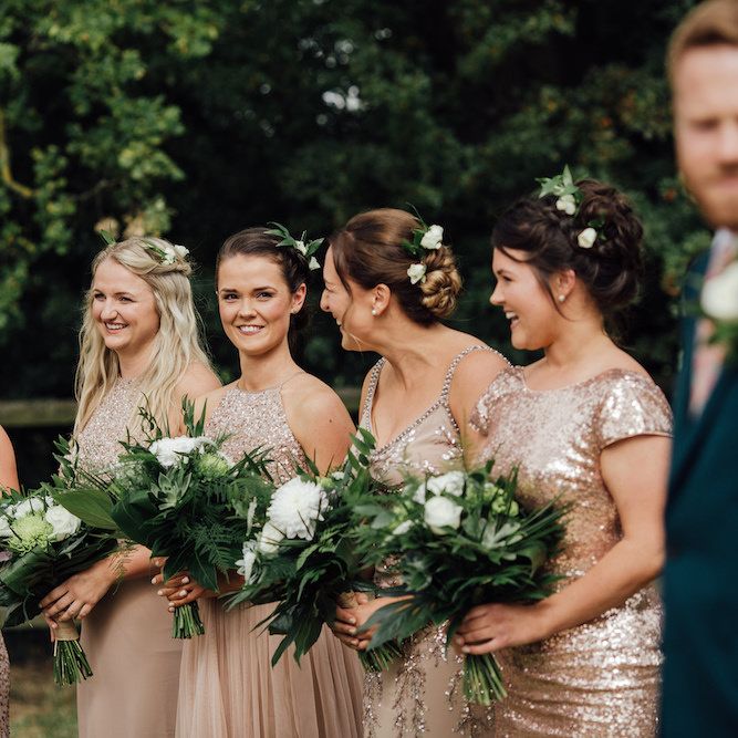 Blush Sequin Bridesmaid Dresses | Outdoor Wedding Ceremony &amp; Tipi Reception Planned by Benessamy Events | Red on Blonde Photography