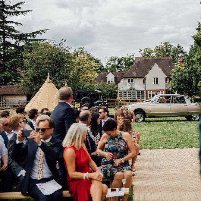 Vintage Citroen DS Wedding Car | Outdoor Wedding Ceremony &amp; Tipi Reception Planned by Benessamy Events | Red on Blonde Photography