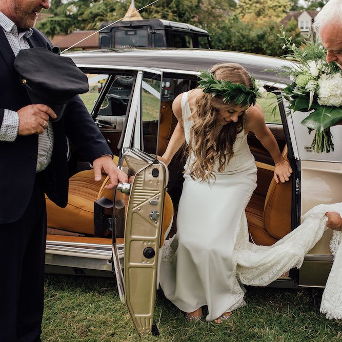 Bridal Entrance in La Sposa Gown from Mirror Mirror Bridal | Outdoor Wedding Ceremony &amp; Tipi Reception Planned by Benessamy Events | Red on Blonde Photography