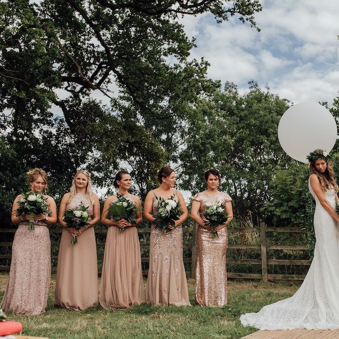 Bridesmaids in Blush Sequin Dresses | Bride in La Sposa Gown from Mirror Mirror Bridal | Groom in Paul Smith Suit | Outdoor Wedding Ceremony &amp; Tipi Reception Planned by Benessamy Events | Red on Blonde Photography