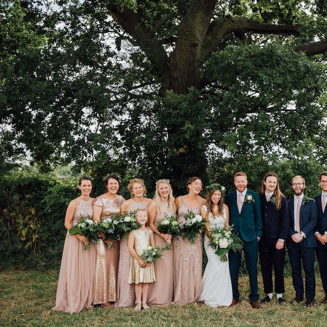 Wedding Party | Bridesmaids in Blush Sequin Gowns | Bride in La Sposa Wedding Dress | Groom in Paul Smith Suit | Outdoor Wedding Ceremony &amp; Tipi Reception Planned by Benessamy Events | Red on Blonde Photography