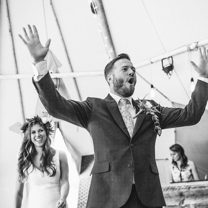 Speeches | Bride in La Sposa Gown from Mirror Mirror Bridal | Groom in Paul Smith Suit | Outdoor Wedding Ceremony &amp; Tipi Reception Planned by Benessamy Events | Red on Blonde Photography