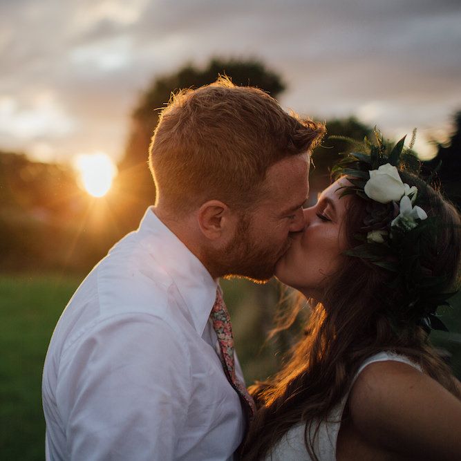 Golden Hour | Bride in La Sposa Gown from Mirror Mirror Bridal | Groom in Paul Smith Suit | Outdoor Wedding Ceremony &amp; Tipi Reception Planned by Benessamy Events | Red on Blonde Photography