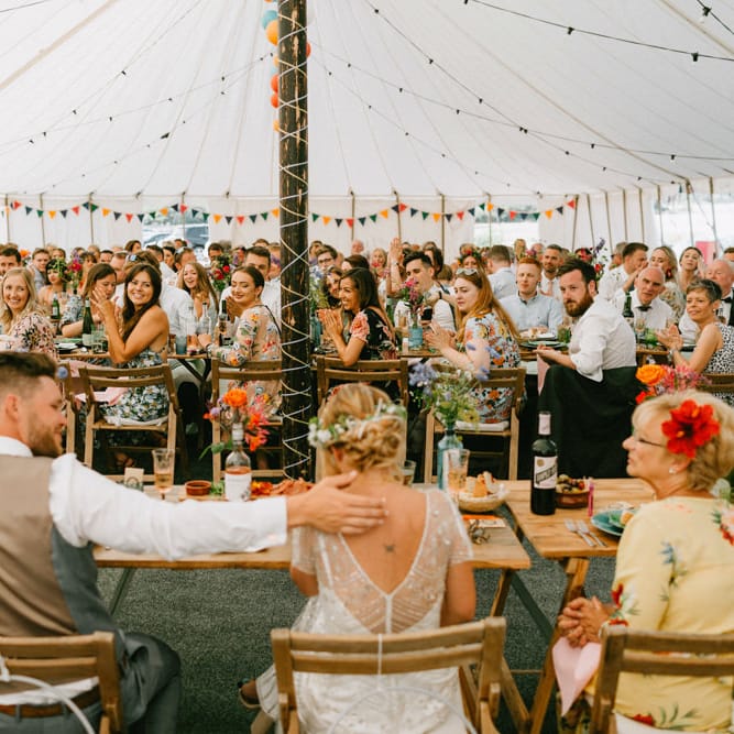 Marquee Wedding Reception with DIY Bunting Wedding Decor