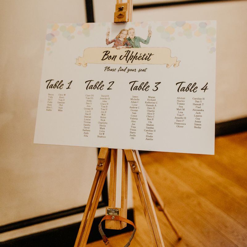 Personalised table plan with caricature illustration and colourful hanging lanterns