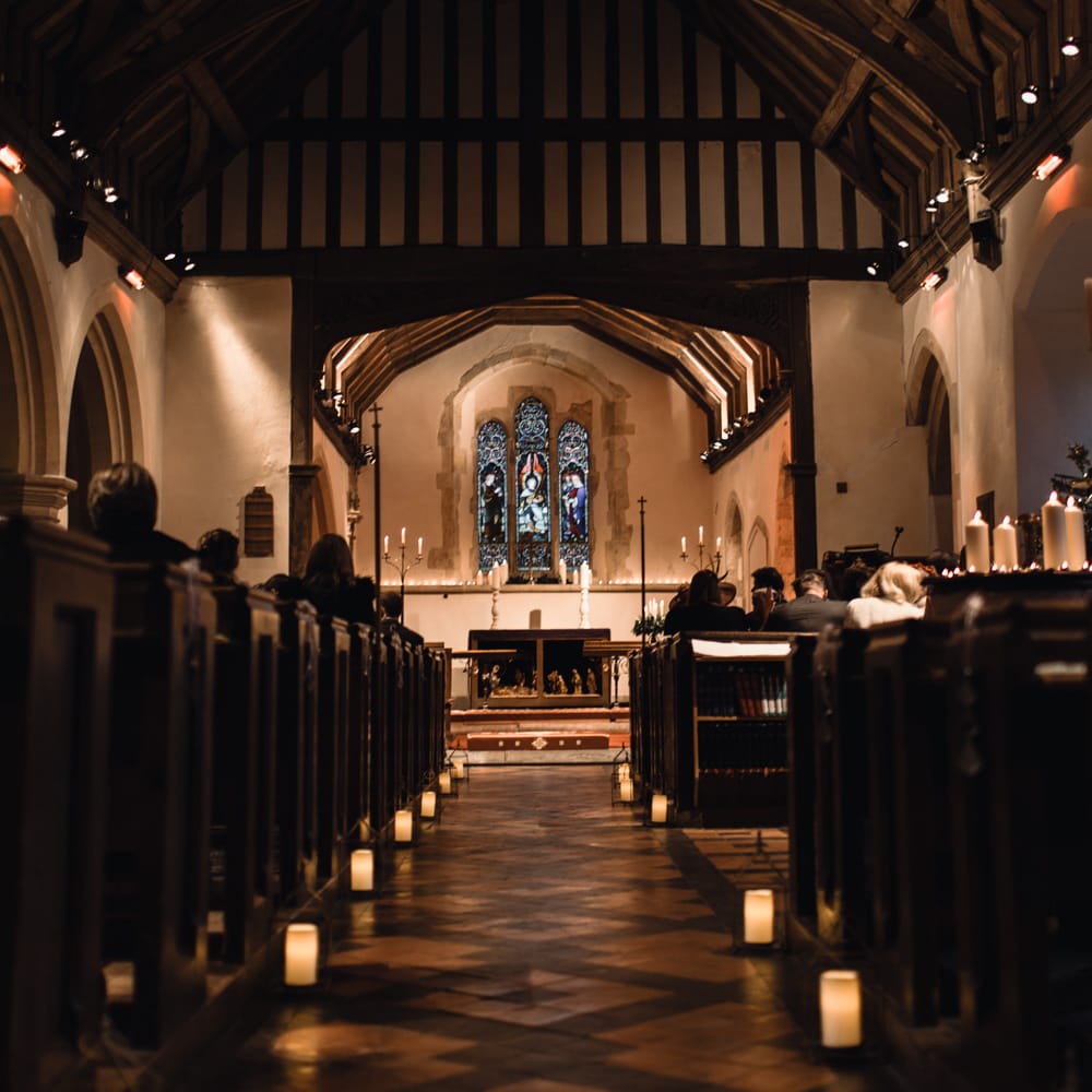 Christmas Pub Wedding At The Falcon Rotherwick With Bride In Alice By Watters And Candle Lit Wedding Ceremony Images By Rebecca Searle Photography