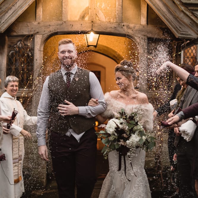 Christmas Pub Wedding At The Falcon Rotherwick With Bride In Alice By Watters And Candle Lit Wedding Ceremony Images By Rebecca Searle Photography