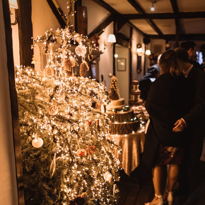 Christmas Pub Wedding At The Falcon Rotherwick With Bride In Alice By Watters And Candle Lit Wedding Ceremony Images By Rebecca Searle Photography