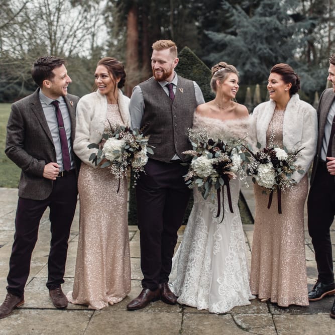Winter Wedding Party Attire // Christmas Pub Wedding At The Falcon Rotherwick With Bride In Alice By Watters And Candle Lit Wedding Ceremony Images By Rebecca Searle Photography