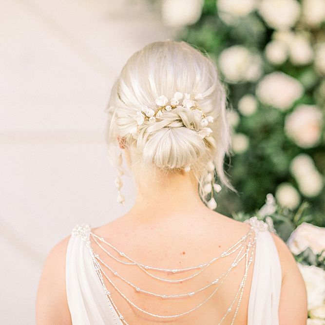 Chic Chignon Bridal Up Do with Hair Vine for Powder Blue &amp; Luxury Gold Wedding Inspiration Planned &amp; Styled by Hayley Jayne Weddings &amp; Events and Photographed by Terri &amp; Lori Fine Art Photography &amp; Film Studio