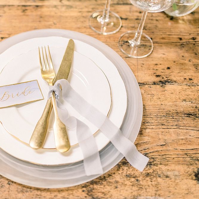 Place Setting with Gold Cutlery for Powder Blue &amp; Luxury Gold Wedding Inspiration Planned &amp; Styled by Hayley Jayne Weddings &amp; Events and Photographed by Terri &amp; Lori Fine Art Photography &amp; Film Studio