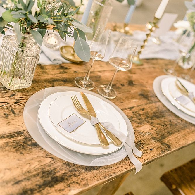 Place Settings for Powder Blue &amp; Luxury Gold Wedding Inspiration Planned &amp; Styled by Hayley Jayne Weddings &amp; Events and Photographed by Terri &amp; Lori Fine Art Photography &amp; Film Studio
