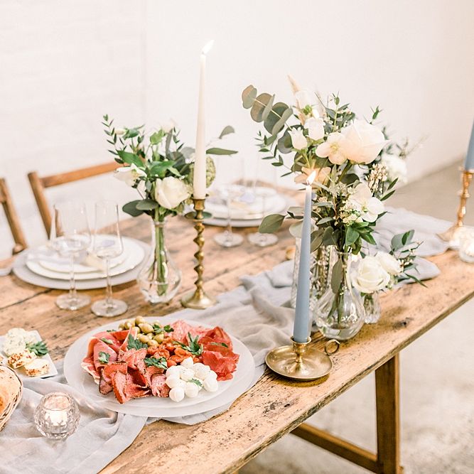 Wedding Reception Decor with Taper Candles for Powder Blue &amp; Luxury Gold Wedding Inspiration Planned &amp; Styled by Hayley Jayne Weddings &amp; Events and Photographed by Terri &amp; Lori Fine Art Photography &amp; Film Studio