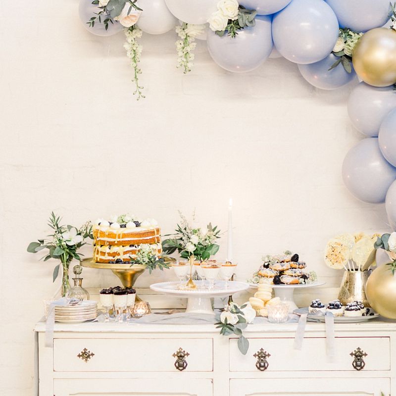 Vintage Dresser &amp; Balloon Back Drop Cake Table for Powder Blue &amp; Luxury Gold Wedding Inspiration Planned &amp; Styled by Hayley Jayne Weddings &amp; Events and Photographed by Terri &amp; Lori Fine Art Photography &amp; Film Studio