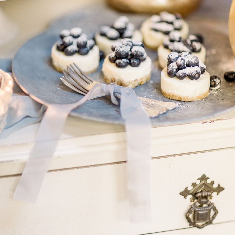 Mini Cheesecakes Dessert Table for Powder Blue &amp; Luxury Gold Wedding Inspiration Planned &amp; Styled by Hayley Jayne Weddings &amp; Events and Photographed by Terri &amp; Lori Fine Art Photography &amp; Film Studio