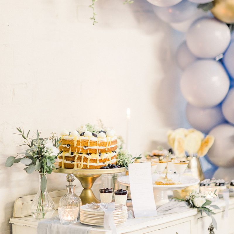 Vintage Dresser &amp; Balloon Back Drop Cake Table for Powder Blue &amp; Luxury Gold Wedding Inspiration Planned &amp; Styled by Hayley Jayne Weddings &amp; Events and Photographed by Terri &amp; Lori Fine Art Photography &amp; Film Studio