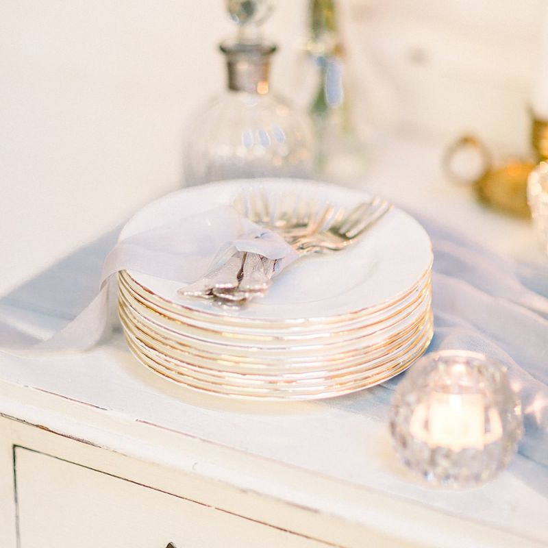 Dessert Table Cake Plates &amp; Forks for Powder Blue &amp; Luxury Gold Wedding Inspiration Planned &amp; Styled by Hayley Jayne Weddings &amp; Events and Photographed by Terri &amp; Lori Fine Art Photography &amp; Film Studio