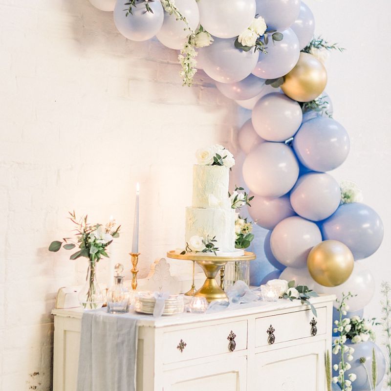 Vintage Dresser &amp; Balloon Back Drop Cake Table for Powder Blue &amp; Luxury Gold Wedding Inspiration Planned &amp; Styled by Hayley Jayne Weddings &amp; Events and Photographed by Terri &amp; Lori Fine Art Photography &amp; Film Studio