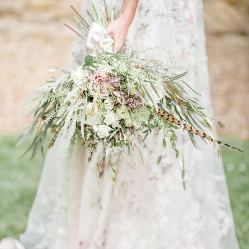 Romantic Wedding Bouquet with Foliage, Pheasant Feather and Spring Flowers