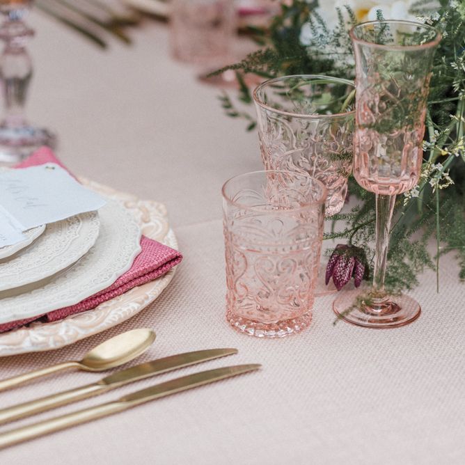 Duchess and Butler Table Place Setting with Gold Cutlery, Ornate Table  and Glassware