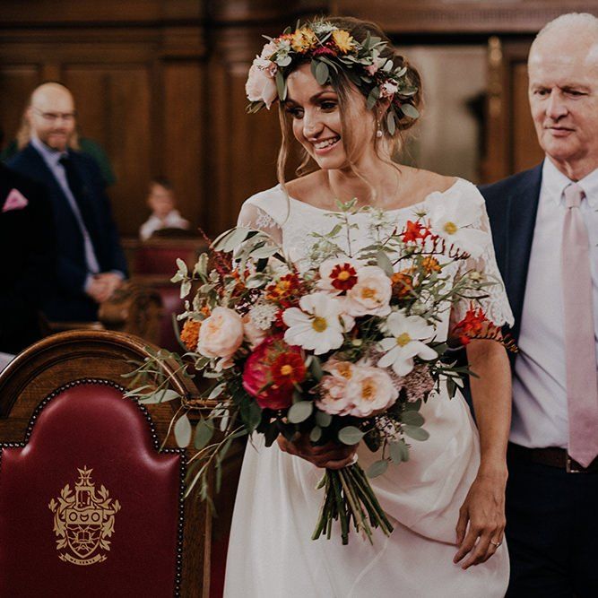 Beautiful bright wedding bouquet and flower crown for bride at Islington town hall ceremony