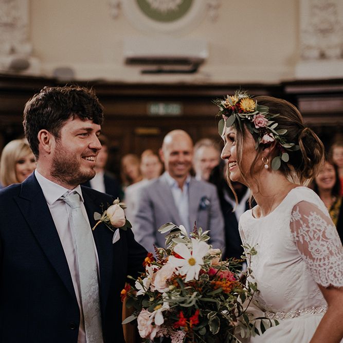 Bride and groom at Islington town hall for wedding ceremony